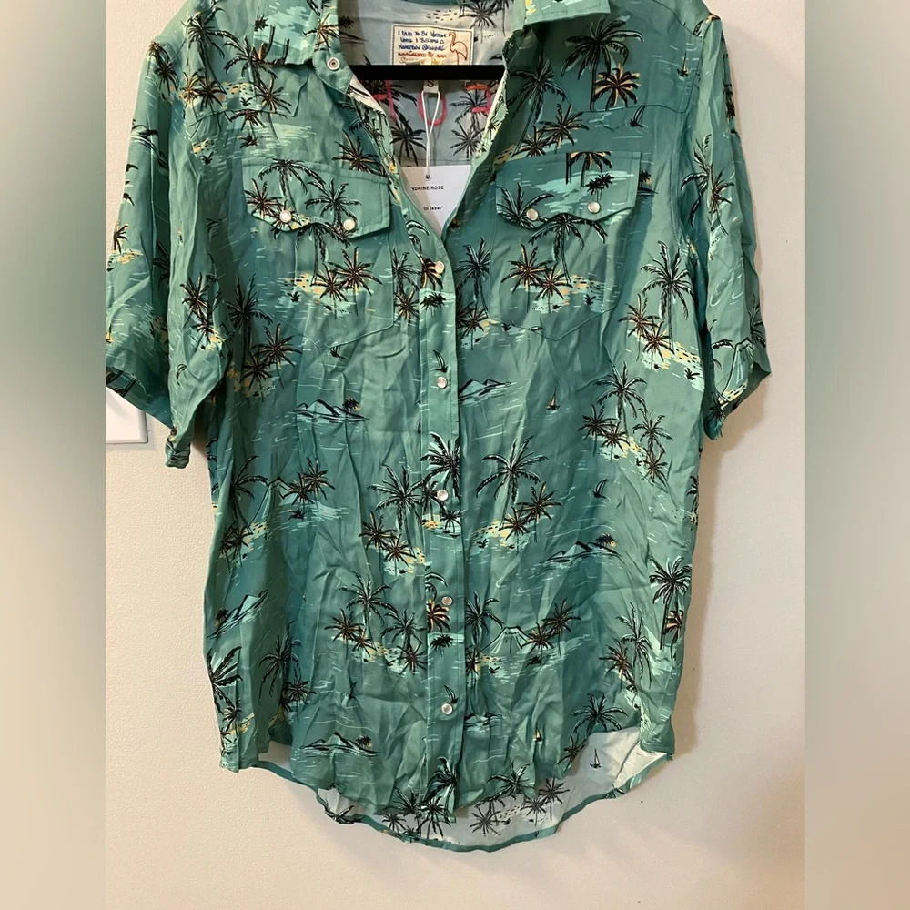 Sandrine Rose x Free People size small. Green Hawaiian theme w/embroidered back